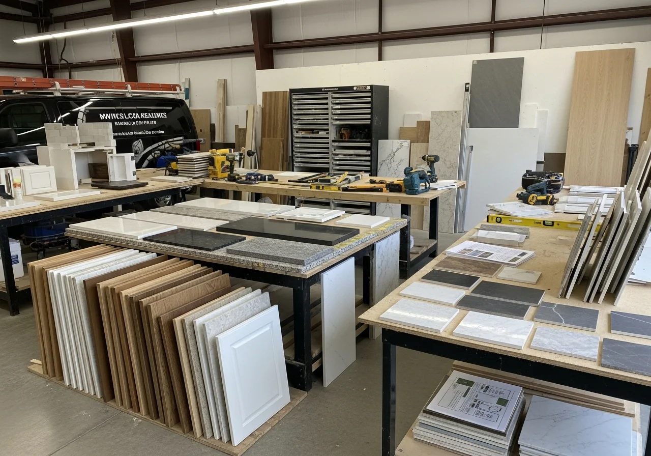 Remodeling crew and tools on a residential job site, showcasing professional equipment and workspace organization.