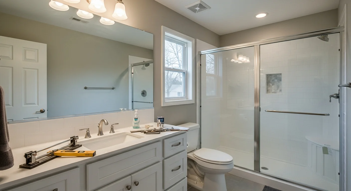 Renovated bathroom with tile shower and modern vanity