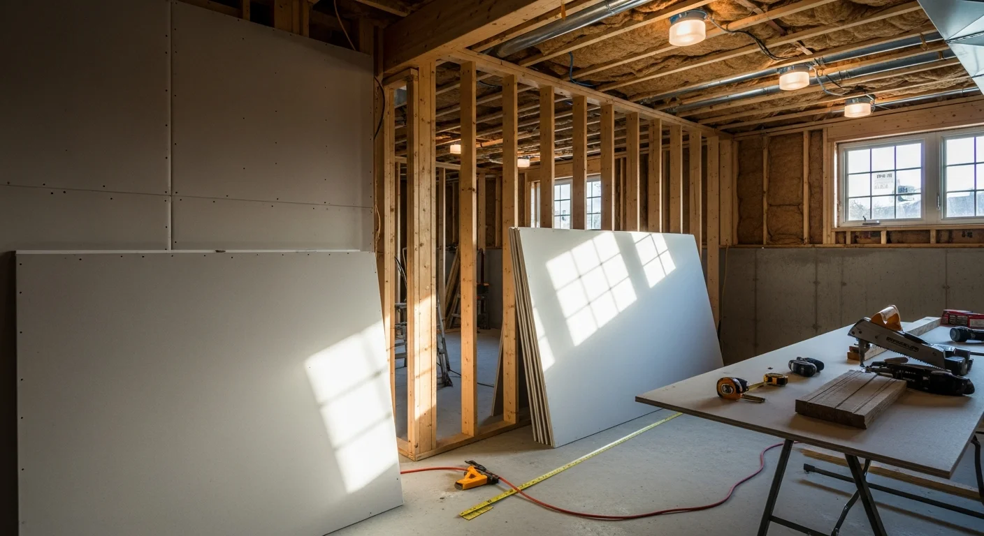 Finished basement interior in a Burbank home featuring recessed lighting, neutral wall paint, and durable flooring. The space is set up as a media and lounge room with clean trim work and built-in shelving completed by Krys Remodeling.