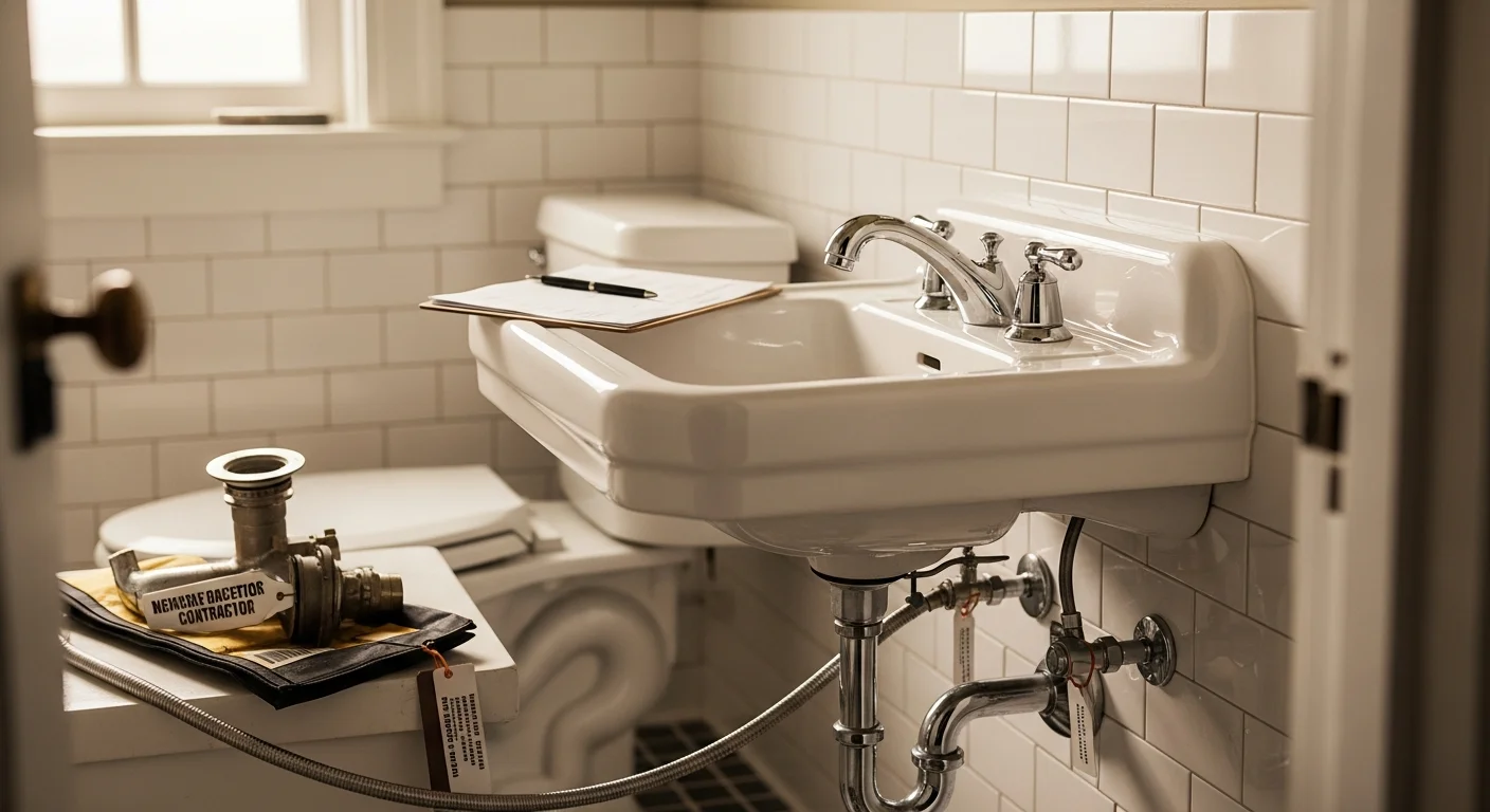 A Burbank bathroom after fixture replacement by Krys Remodeling, showing a newly installed faucet and sink hardware with clean supply line connections. The compact bathroom reflects a typical pre-1960 Burbank home layout with updated fixtures in place.