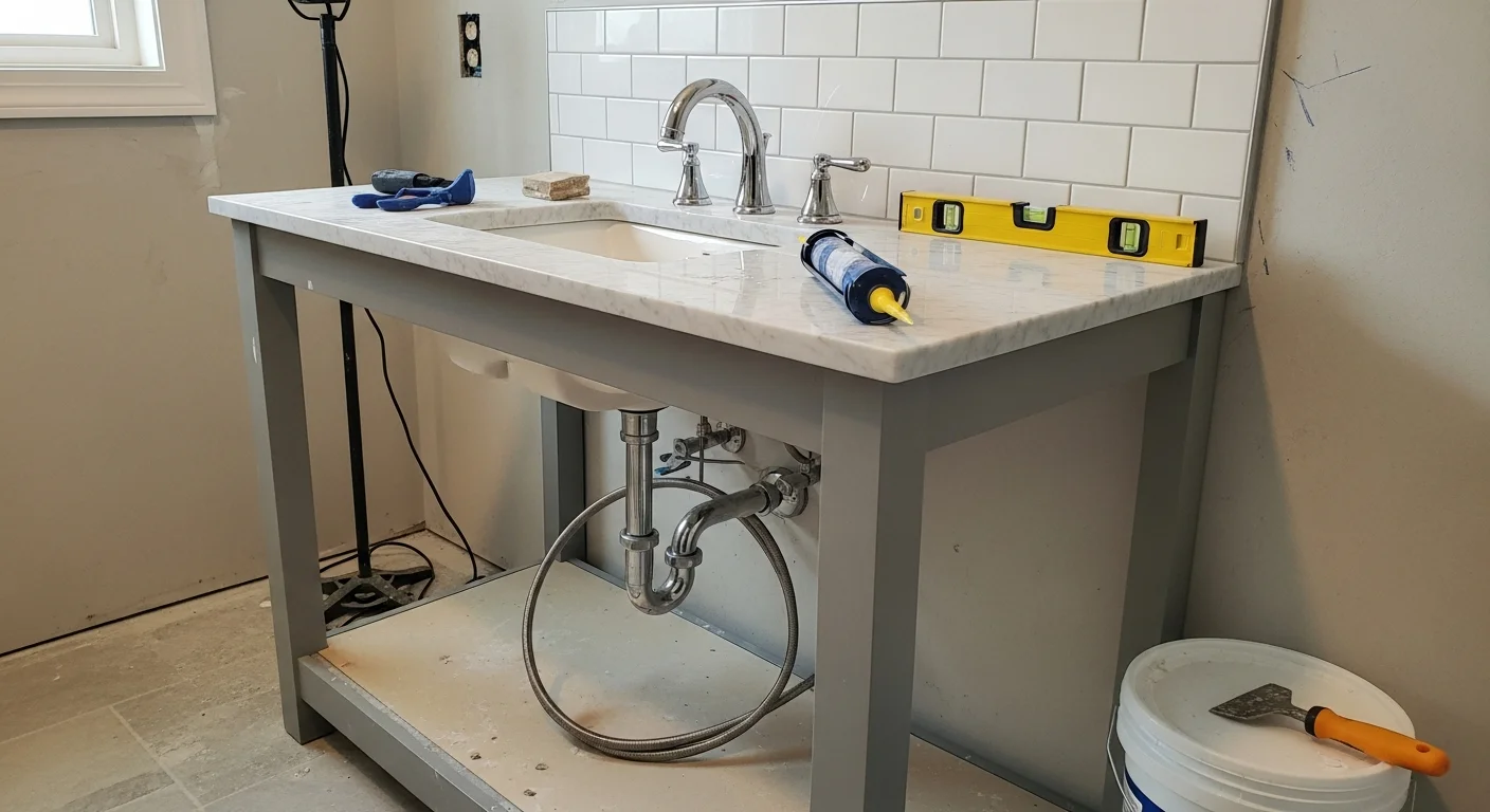 A newly installed bathroom vanity with a clean countertop, undermount sink, and secured cabinet in a Burbank home bathroom. The finished installation shows level cabinetry, connected plumbing fixtures, and sealed edges along the wall.