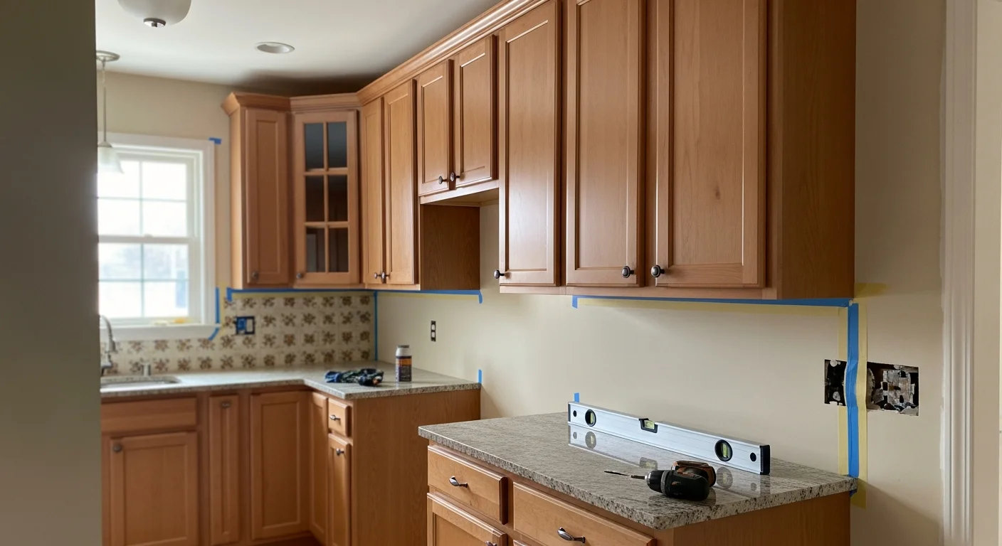 Newly installed custom kitchen cabinets in a Burbank home, showing upper and lower units aligned along a freshly prepared wall with consistent door spacing and hardware. The kitchen features a clean layout suited to the mid-century footprint common in Burbank residential properties.