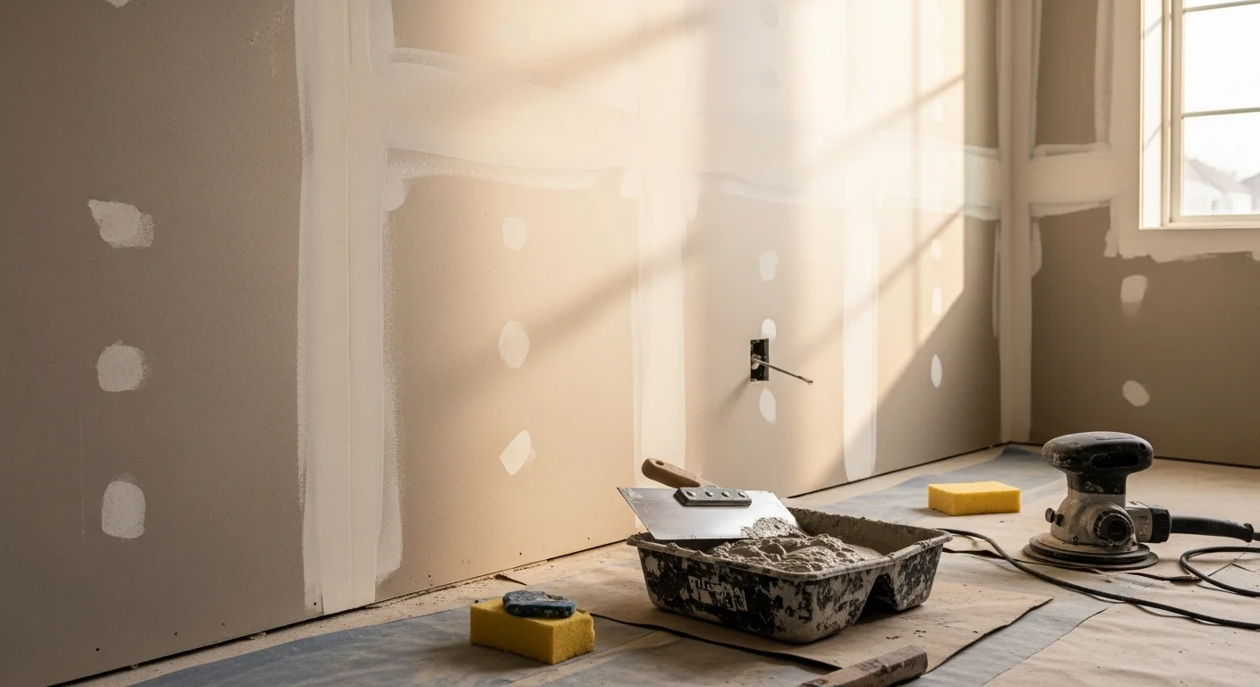 A freshly finished interior wall in a Burbank home showing a smooth, seamless surface ready for paint. The wall corner and ceiling line are clean and level, with no visible seams or texture variation.