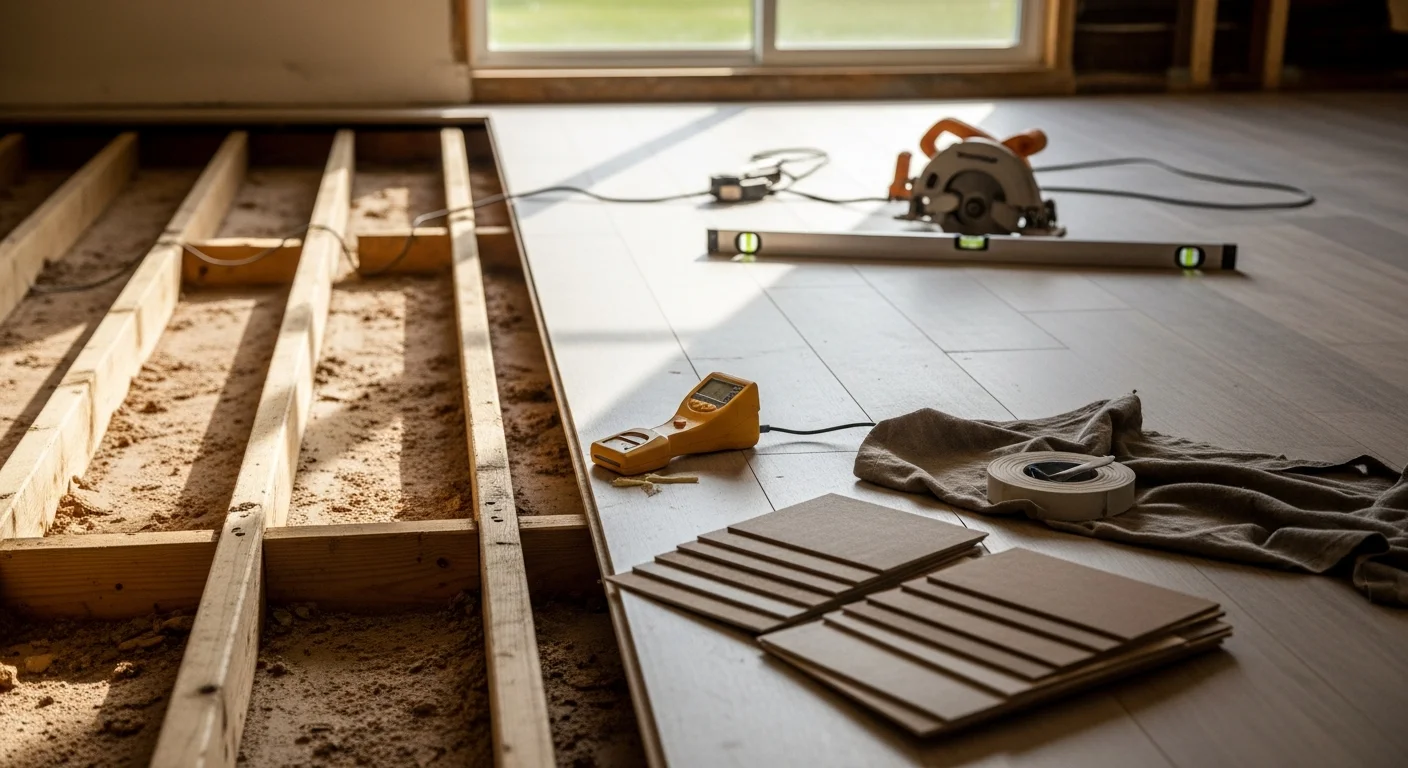 Freshly installed hardwood flooring in a Burbank home living room, showing clean plank alignment and smooth transitions at the doorway. Natural light from a west-facing window highlights the floor's even finish across the open-plan space.