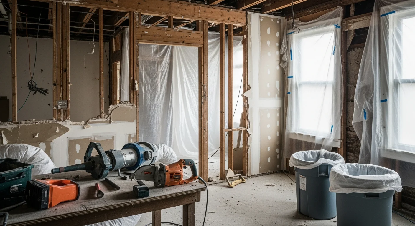 Interior demolition in progress inside a Burbank home, with walls stripped to the studs and flooring removed in preparation for a full kitchen remodel. Dust barriers protect the adjacent hallway while debris is staged for removal.