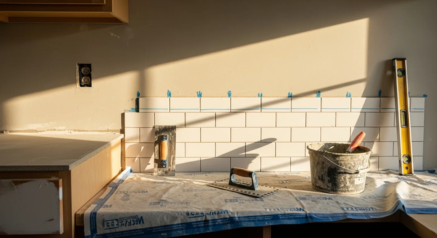 Freshly installed kitchen tile backsplash covering the wall between countertops and upper cabinets in a Burbank home. Grout lines are uniform and the tile surface is clean and level behind the range area.