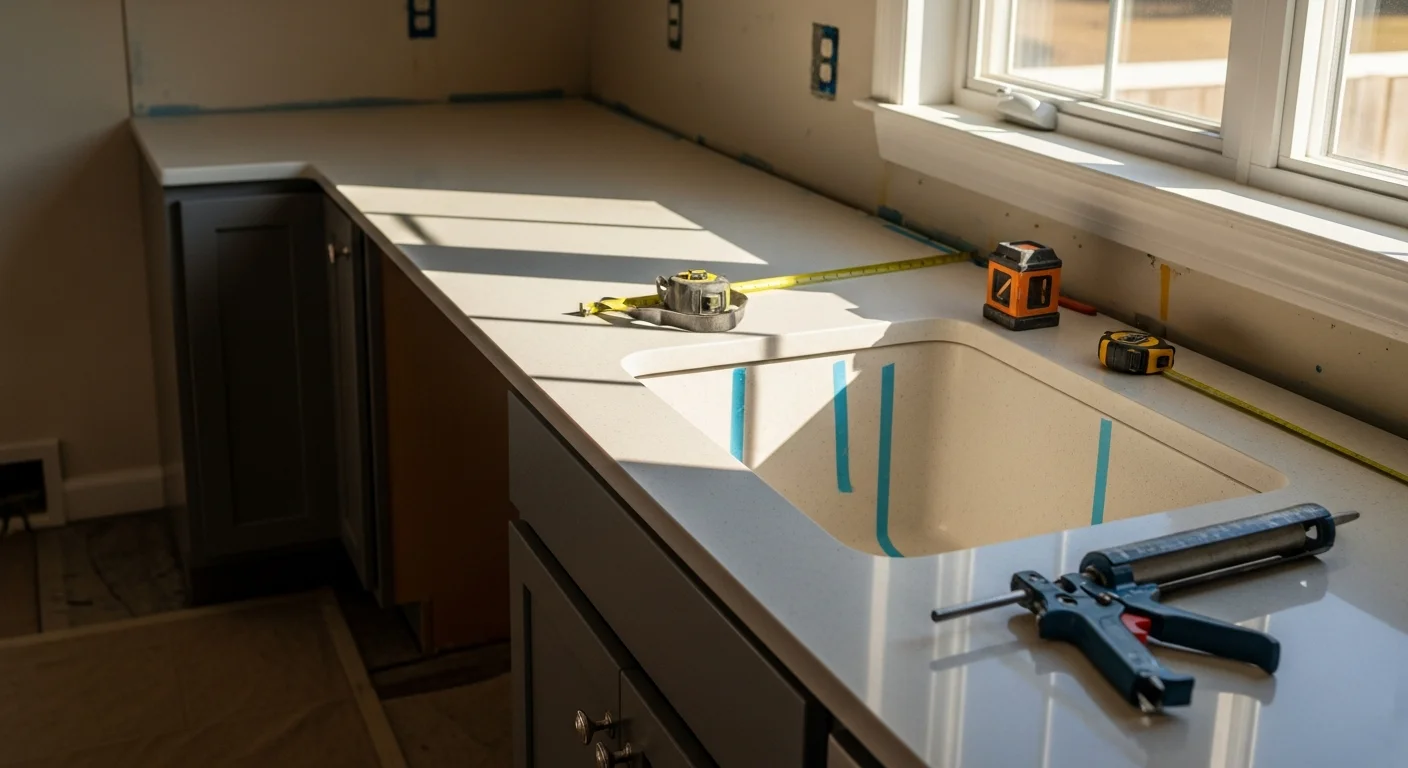 Newly installed kitchen countertop with a clean sink cutout and finished edges in a Burbank home. The surface runs along a standard galley layout with updated cabinet boxes visible below.
