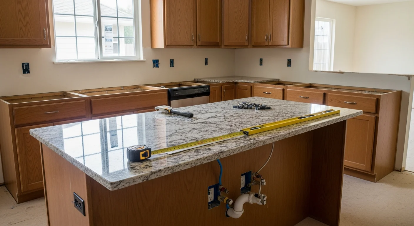 A newly installed custom kitchen island with countertop seating and lower cabinet storage in a Burbank home kitchen. The island finish matches the surrounding white shaker cabinetry and connects to updated countertops along the perimeter walls.