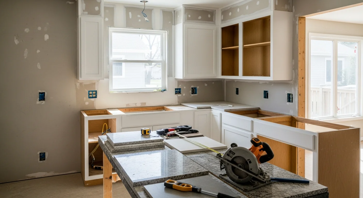Remodeled kitchen in a Burbank home featuring updated cabinetry, new countertops, and recessed lighting replacing a dated mid-century layout. The open design reflects a common Krys Remodeling upgrade for older Burbank properties.