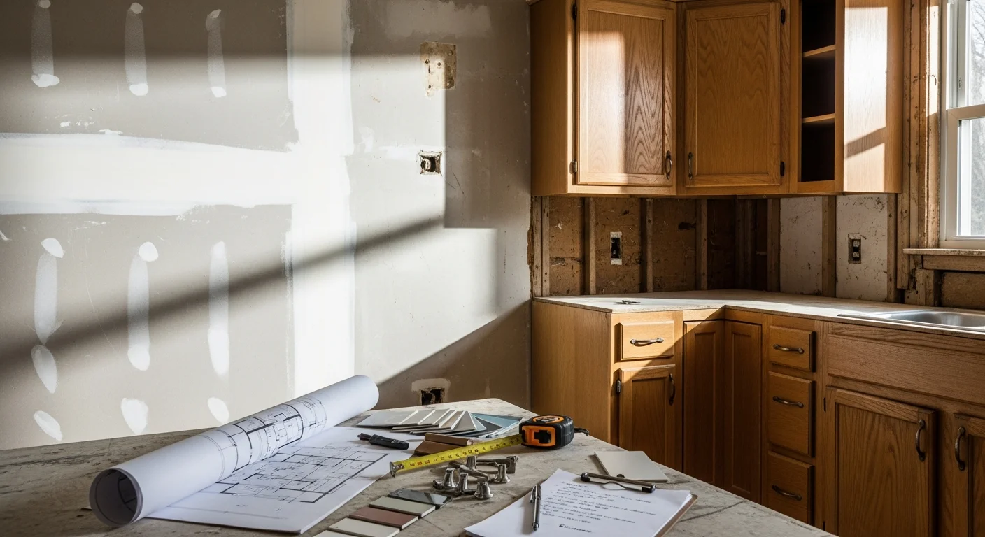 A Krys Remodeling consultant reviewing interior layout plans with a Burbank homeowner inside a mid-century home. The consultation takes place in a living space with original architectural details visible in the background.