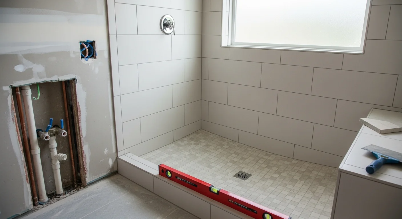 A newly installed walk-in shower in a Burbank home bathroom, featuring floor-to-ceiling tile, a frameless glass enclosure, and a recessed niche. The finished space reflects a clean, modern layout suited to a mid-century Burbank property.